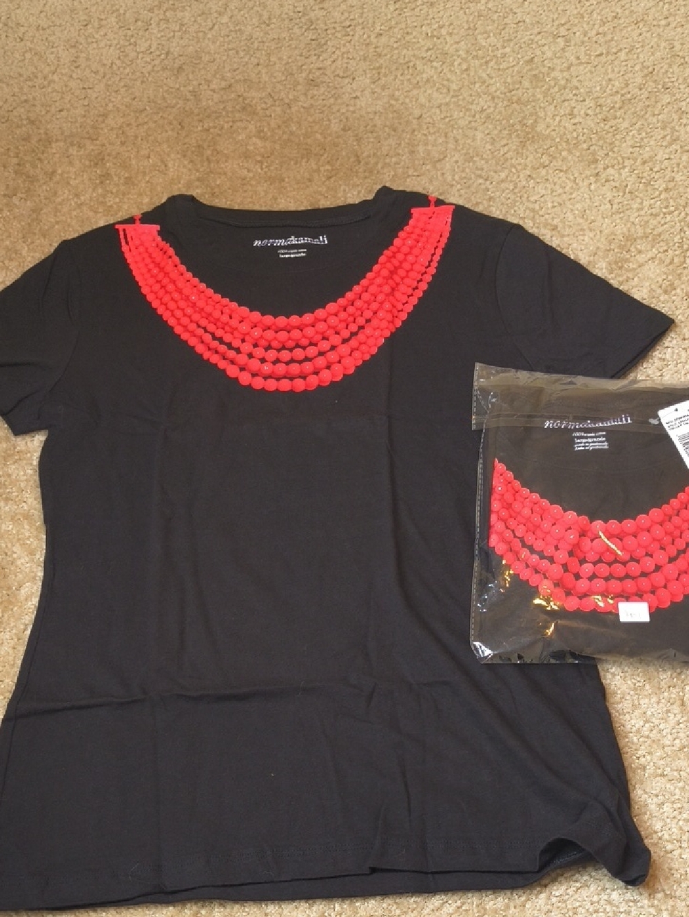 Set Of Two Norma Kamali Black Top with Bright Red Beaded Necklace Size Large M29